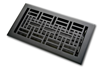 The Madelyn Carter Cast Aluminum Arts & Crafts Vent Cover in black features a geometric pattern and adjustable airflow control, inspired by classic designs.