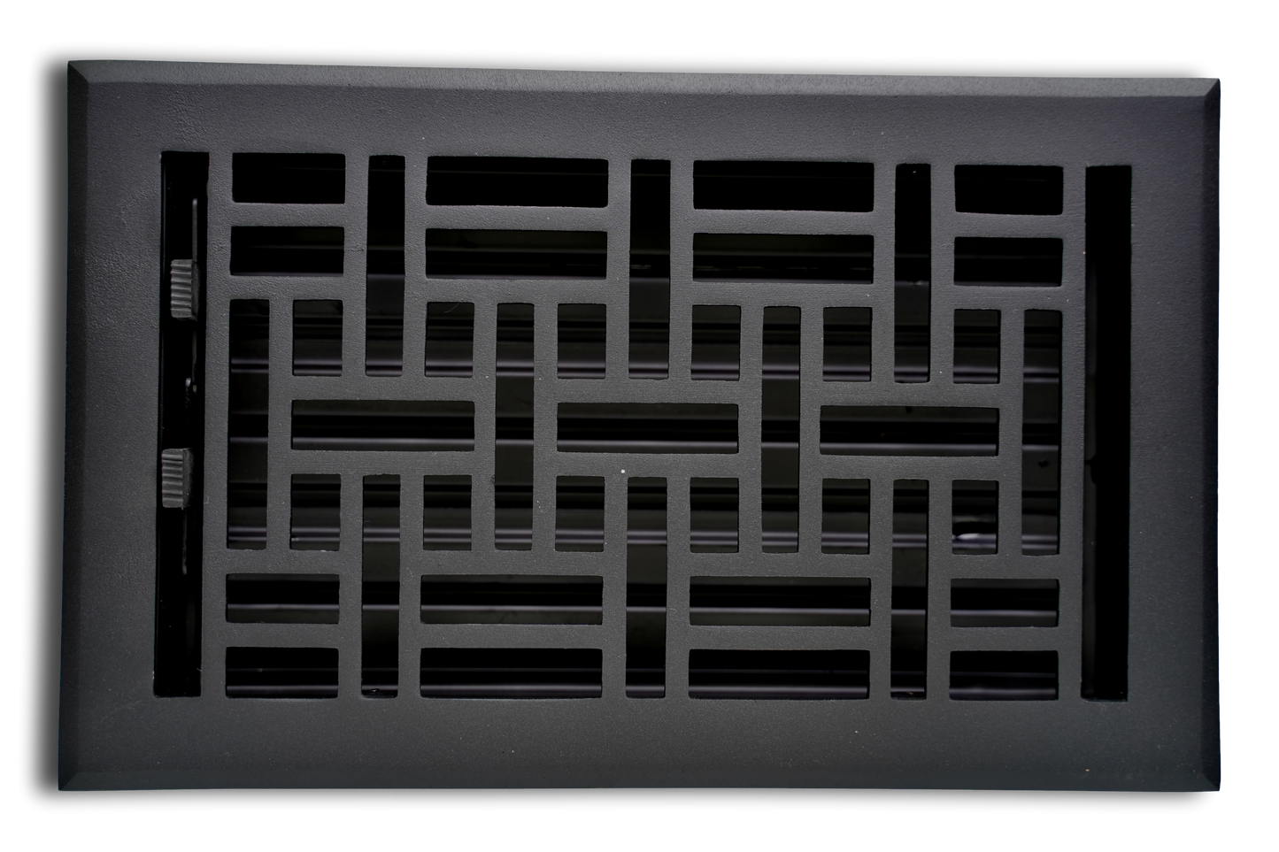 The Madelyn Carter Cast Aluminum Arts & Crafts Vent Cover in black features a geometric grid pattern, shown from above on a white background—a sleek decorative vent cover ideal for modern interiors.