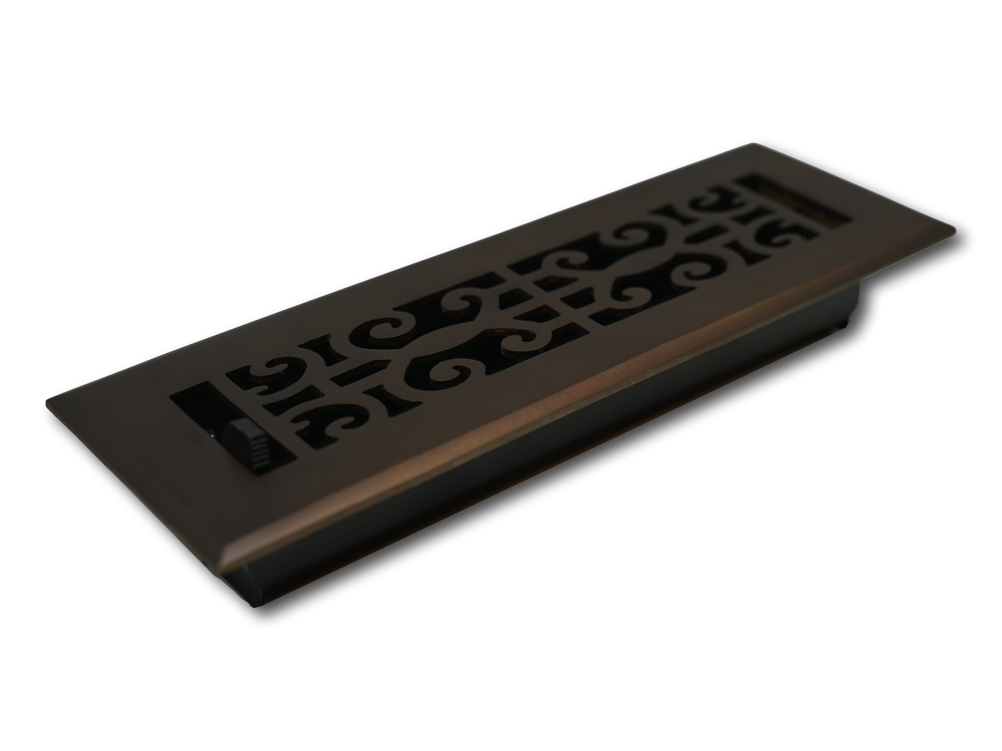 The Madelyn Carter Cast Brass Baroque Vent Cover in Oil Rubbed Bronze features a decorative scroll design, classic baroque inspiration, and an adjustable airflow lever, shown on a white background.