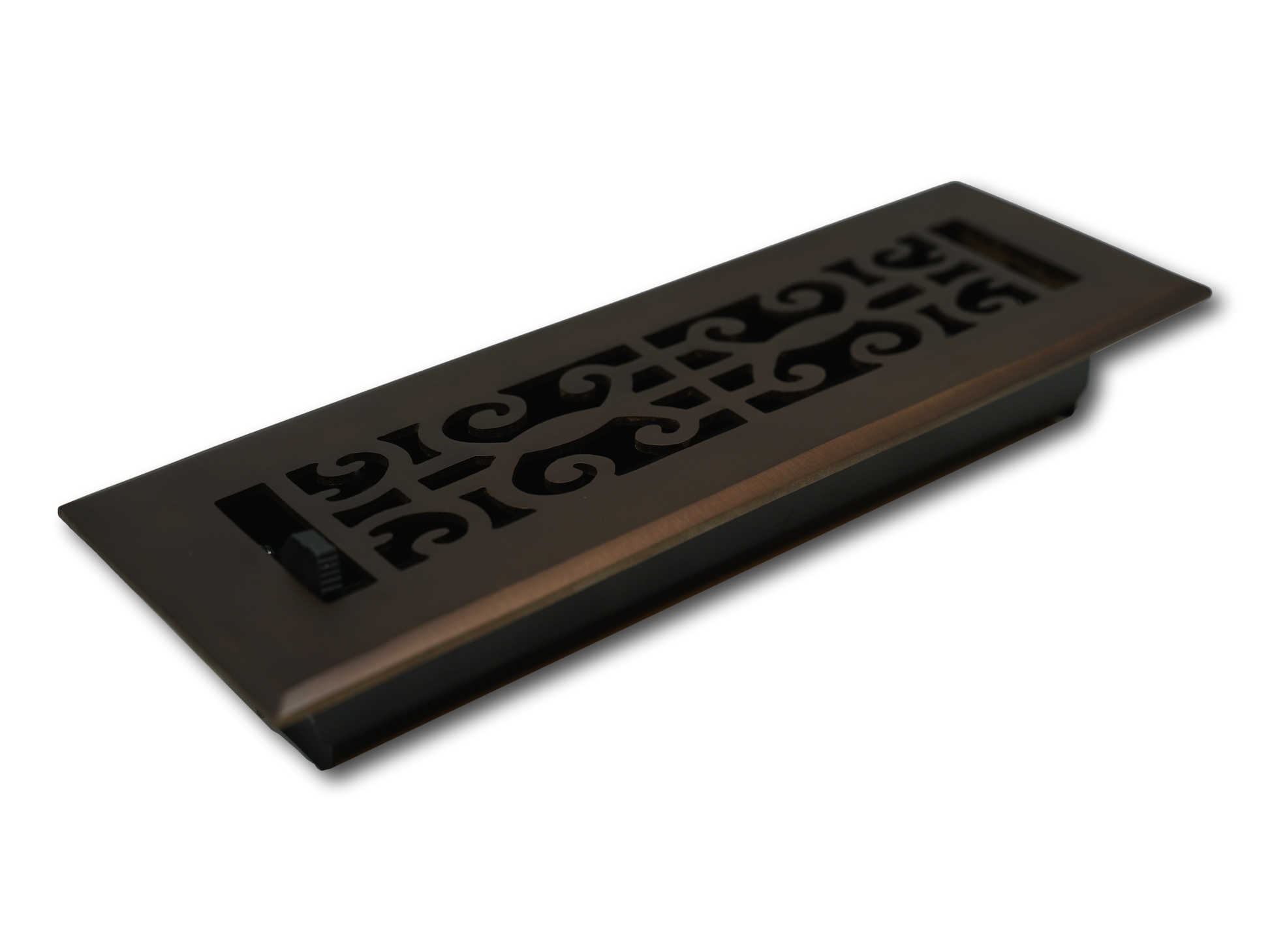 The Madelyn Carter Cast Brass Baroque Vent Cover in Oil Rubbed Bronze features a decorative scroll design, classic baroque inspiration, and an adjustable airflow lever, shown on a white background.