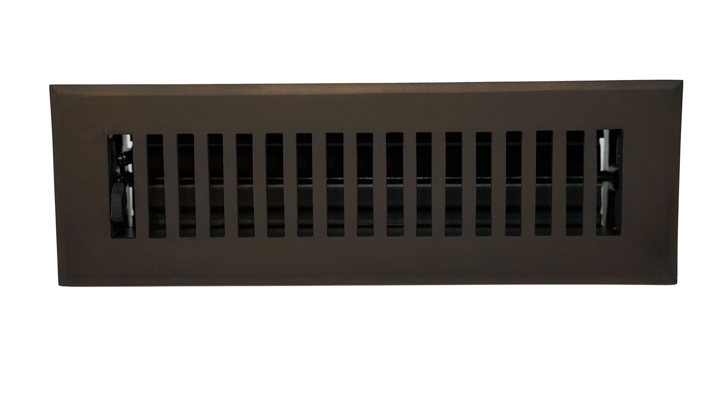 The Cast Brass Contemporary Vent Cover by Madelyn Carter features vertical slats, a rectangular shape, and an antique brass finish, blending modern design with the elegance of classic vent covers.