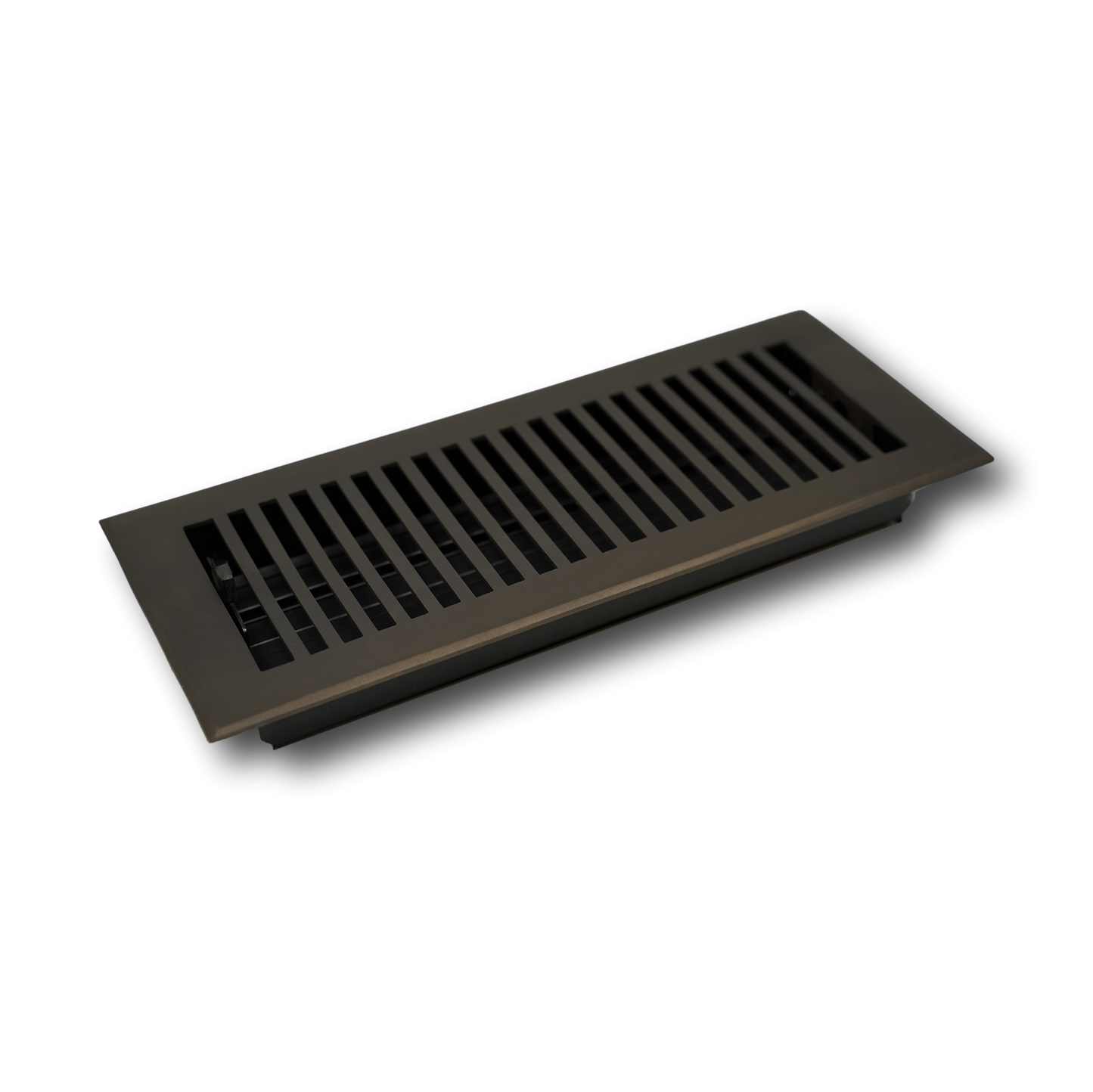 The Madelyn Carter Cast Brass Contemporary Vent Cover in Oil Rubbed Bronze features horizontal slats and a sleek rectangular design, making it an ideal stylish floor register or air vent cover for any room. Photographed on a white background.