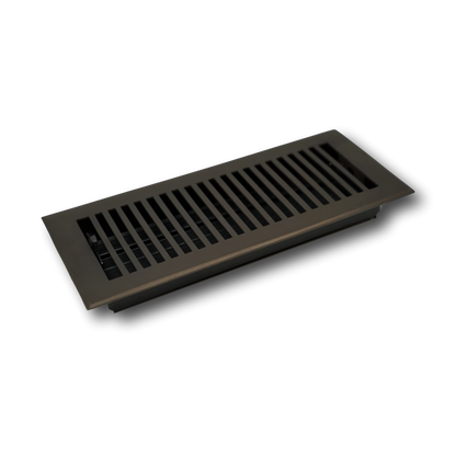 The Madelyn Carter Cast Brass Contemporary Vent Cover in Oil Rubbed Bronze features horizontal slats and a sleek rectangular design, making it an ideal stylish floor register or air vent cover for any room. Photographed on a white background.