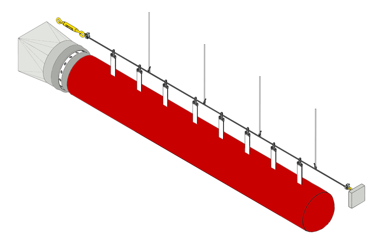 Diagram showing a Softducts Fabric Ducts - Greenhouses & Plant Nurseries system in red, suspended from the ceiling with support rods, connected to an inlet box and control panel for efficient greenhouse air dispersion.
