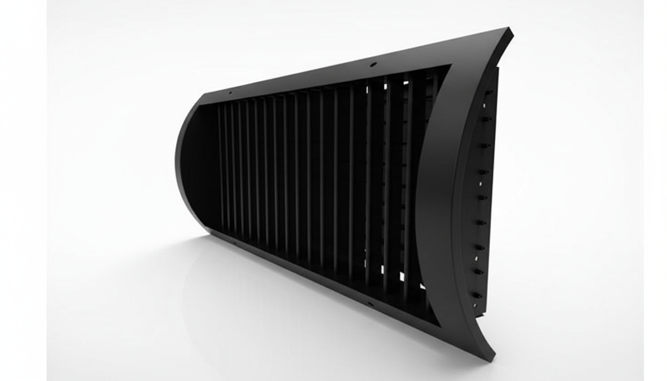 The Advantage Mechanical Supply Steel Spiral Supply Curved Grilles, Direct to Duct - IERA, is a black rectangular vent with vertical slats, shown against a plain white background.