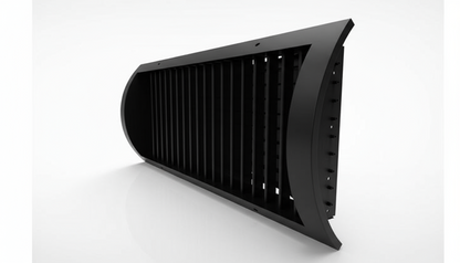 The Advantage Mechanical Supply Steel Spiral Supply Curved Grilles, Direct to Duct - IERA, is a black rectangular vent with vertical slats, shown against a plain white background.