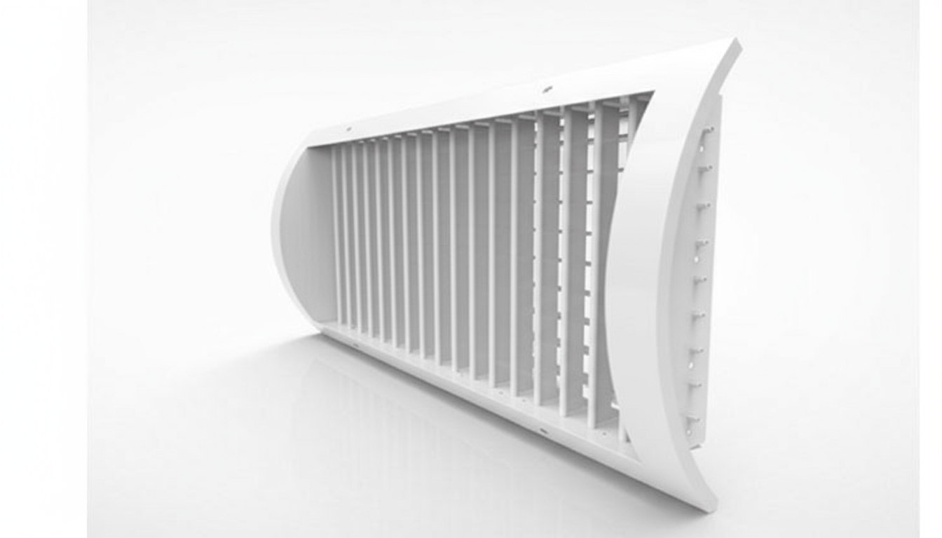 Advantage Mechanical Supply's Steel Spiral Supply Curved Grilles, Direct to Duct - IERA, feature a sleek rectangular design with vertical slats and are similar in function to double deflection grilles. Shown against a plain white background.