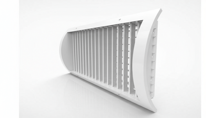 Advantage Mechanical Supply's Steel Spiral Supply Curved Grilles, Direct to Duct - IERA, feature a sleek rectangular design with vertical slats and are similar in function to double deflection grilles. Shown against a plain white background.