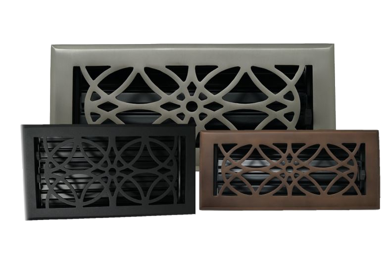 The Madelyn Carter Cast Brass Empire Vent Cover in brushed nickel showcases a bold geometric design, adding stylish flair to any space. Displayed against a white background.