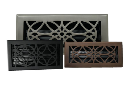 The Madelyn Carter Cast Brass Empire Vent Cover in brushed nickel showcases a bold geometric design, adding stylish flair to any space. Displayed against a white background.