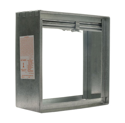 The Aire Technologies Series 05 Type A Static Fire Damper features a rectangular galvanized steel housing with a visible label and open center, designed for fire safety in HVAC duct systems.