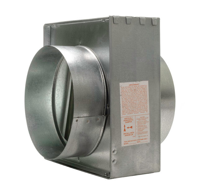 The Aire Technologies Series 75 Type C Horizontal Static Fire Damper features round collars on both ends, a visible instruction label, and is UL 555 certified for reliable HVAC fire protection.
