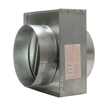 The Aire Technologies Series 75 Type C Horizontal Static Fire Damper features round collars on both ends, a visible instruction label, and is UL 555 certified for reliable HVAC fire protection.