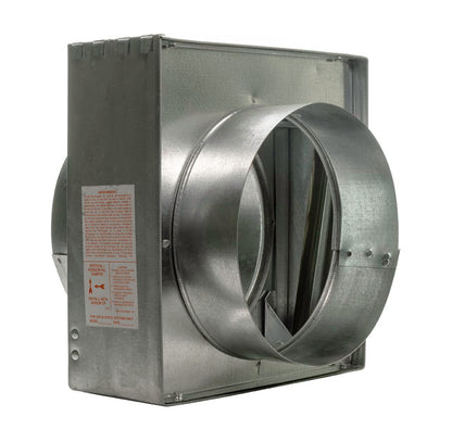 The Aire Technologies Series 75 Type C Horizontal Static Fire Damper with Round Collar features a rectangular housing with a round opening, providing vital HVAC fire protection and airflow regulation in ventilation systems.