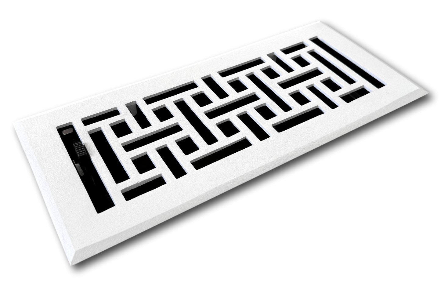 The Madelyn Carter Cast Aluminum Arts & Crafts Vent Cover - White features a geometric maze-like design and durable cast aluminum construction, adding a stylish decorative touch to any space.