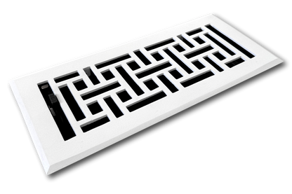 The Madelyn Carter Cast Aluminum Arts & Crafts Vent Cover - White features a geometric maze-like design and durable cast aluminum construction, adding a stylish decorative touch to any space.