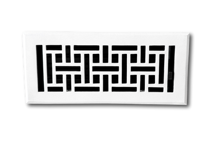 The Madelyn Carter Cast Aluminum Arts & Crafts Vent Cover in white features a geometric cutout pattern and is shown mounted on a plain white wall.