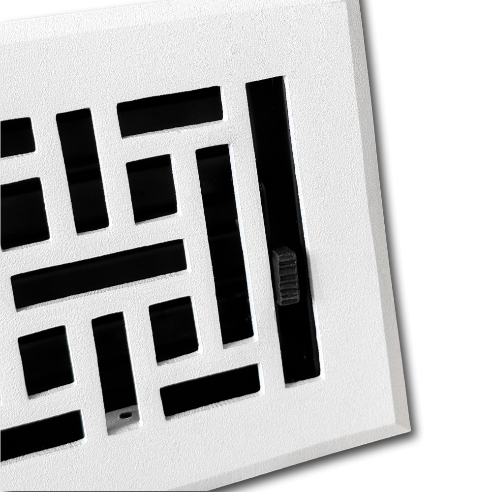 Close-up of the Madelyn Carter Cast Aluminum Arts & Crafts Vent Cover in white, featuring a geometric pattern and adjustable airflow lever.
