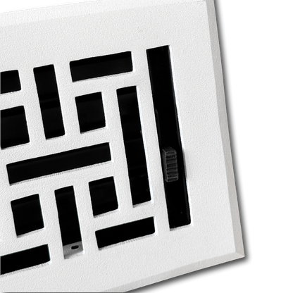 Close-up of the Madelyn Carter Cast Aluminum Arts & Crafts Vent Cover in white, featuring a geometric pattern and adjustable airflow lever.