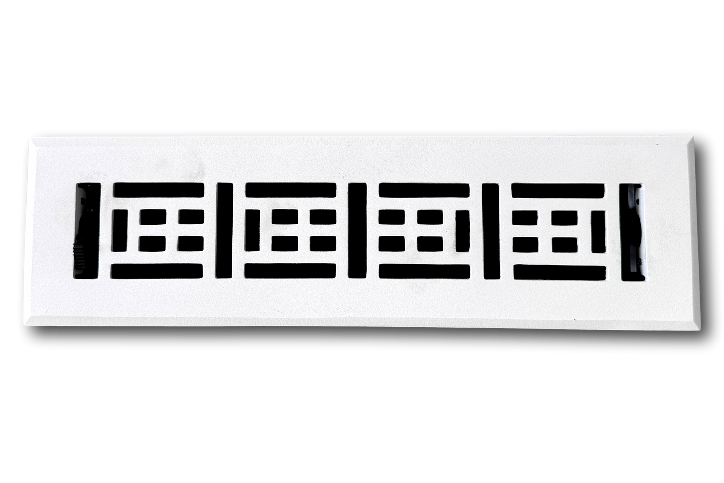 The Madelyn Carter Cast Aluminum Arts & Crafts Vent Cover in white features a rectangular shape and black geometric design, adding classic Arts & Crafts style to your space.