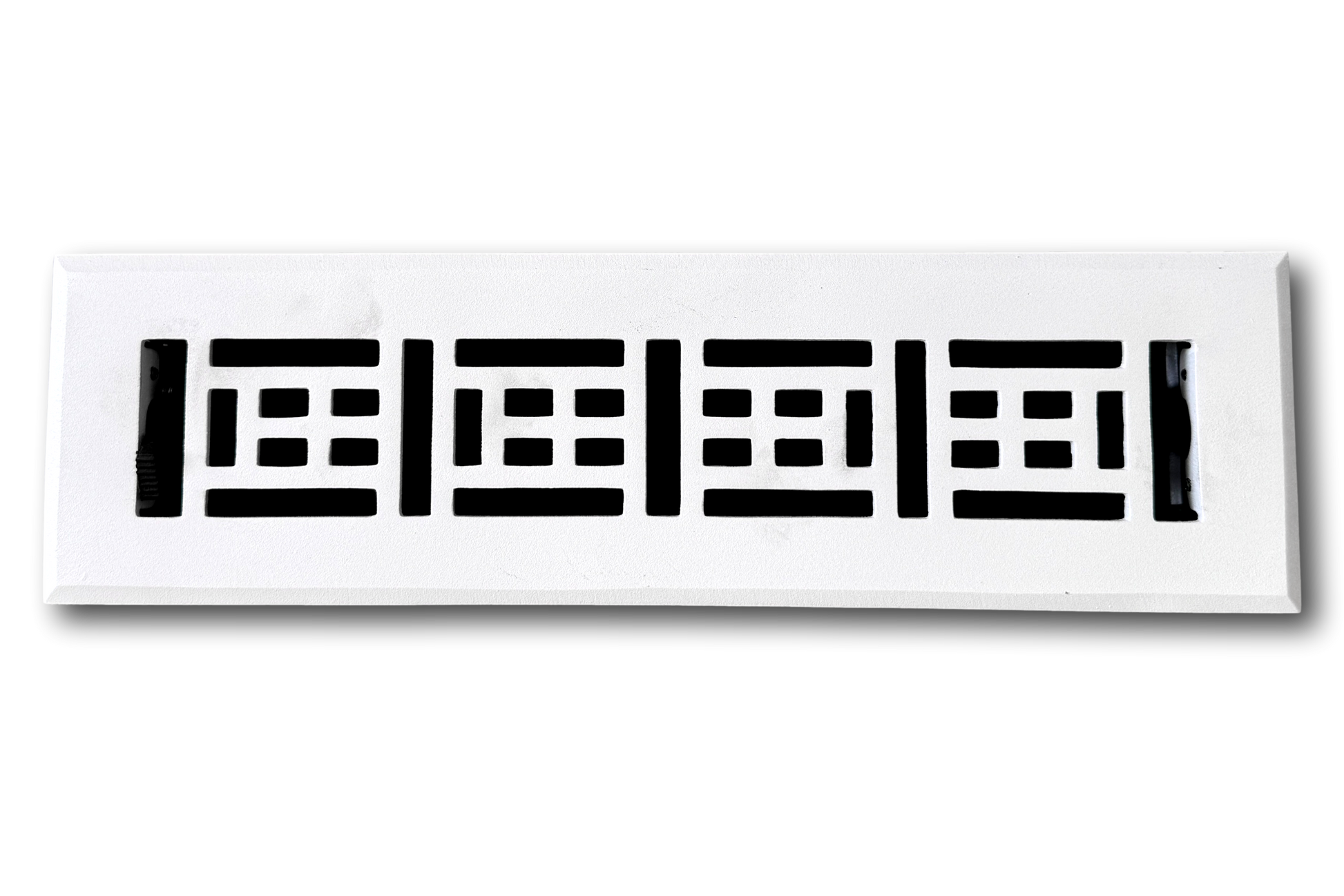 The Madelyn Carter Cast Aluminum Arts & Crafts Vent Cover in white features a rectangular shape and black geometric design, adding classic Arts & Crafts style to your space.