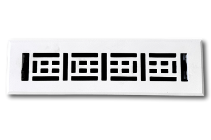 The Madelyn Carter Cast Aluminum Arts & Crafts Vent Cover in white features a rectangular shape and black geometric design, adding classic Arts & Crafts style to your space.