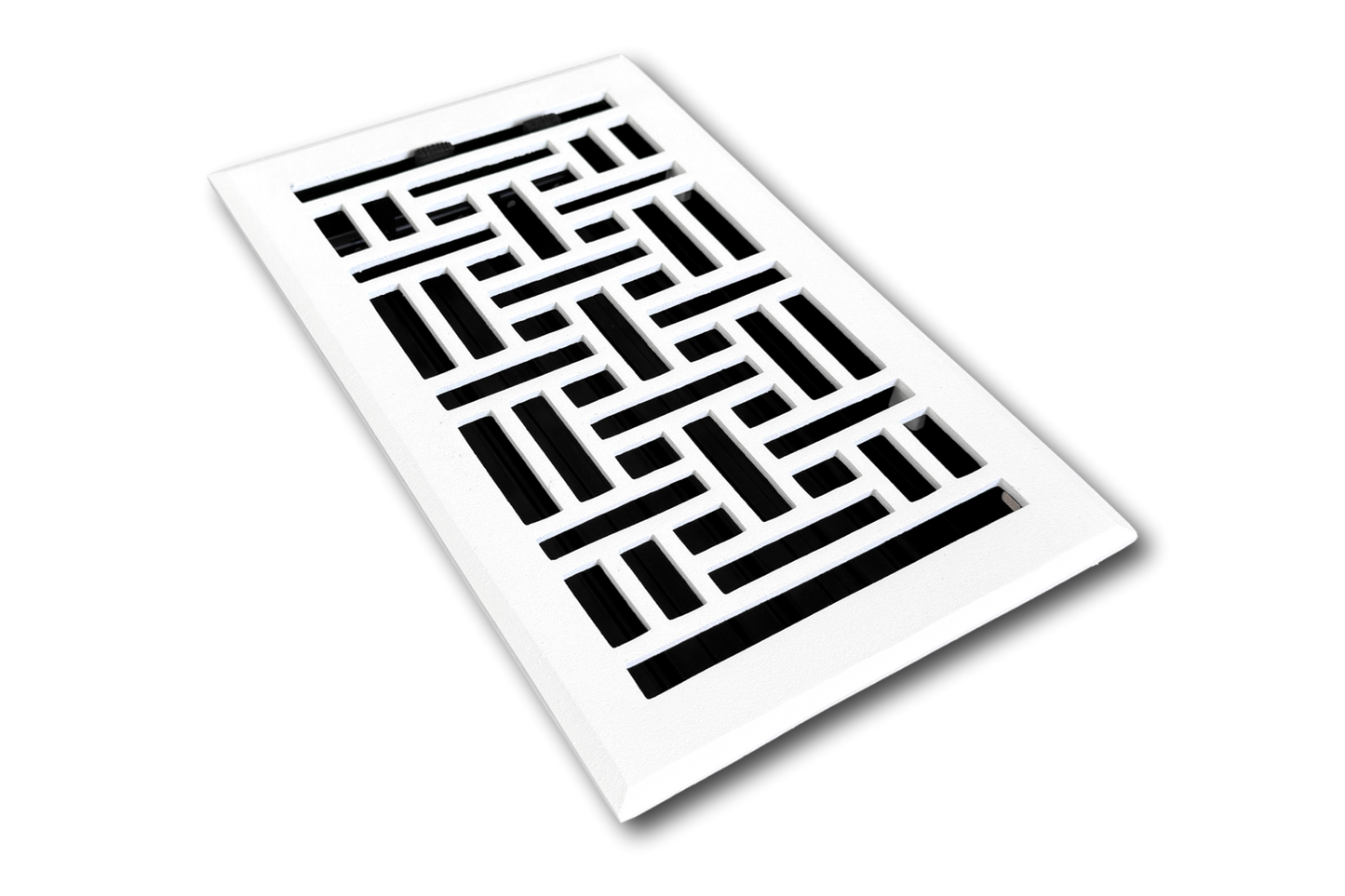 The Madelyn Carter Cast Aluminum Arts & Crafts Vent Cover in white features a geometric, interlocking rectangular design and is photographed on a plain white background.