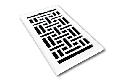 The Madelyn Carter Cast Aluminum Arts & Crafts Vent Cover in white features a geometric, interlocking rectangular design and is photographed on a plain white background.