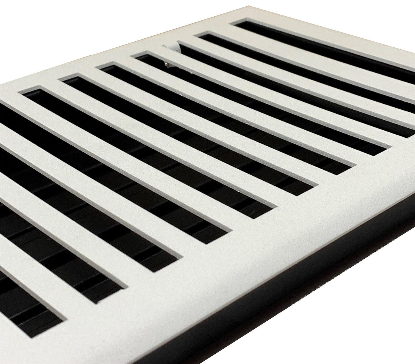 Close-up view of the Madelyn Carter Steel Modern Chic Vent Cover in white, featuring a rectangular design with parallel slats.