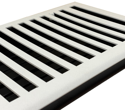 Close-up view of the Madelyn Carter Steel Modern Chic Vent Cover in white, featuring a rectangular design with parallel slats.