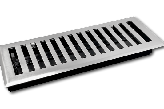 The Madelyn Carter Steel Modern Chic Vent Cover in brushed nickel features a rectangular design with evenly spaced parallel slats, shown on a plain white background.