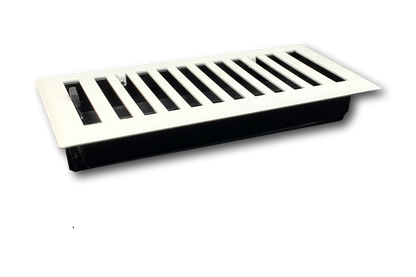 The Madelyn Carter Steel Modern Chic Vent Cover in white features black louvers and a rectangular design, making it a stylish addition to any room.