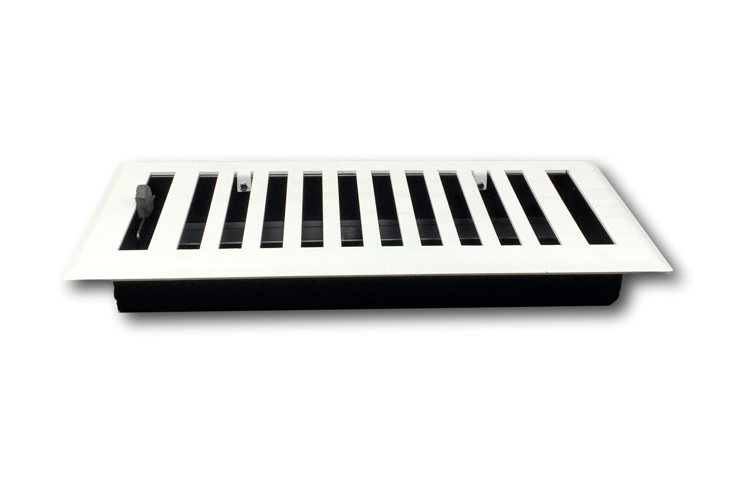 The Madelyn Carter Steel Modern Chic Vent Covers in white feature black slats—a stylish, contemporary option for your vents.