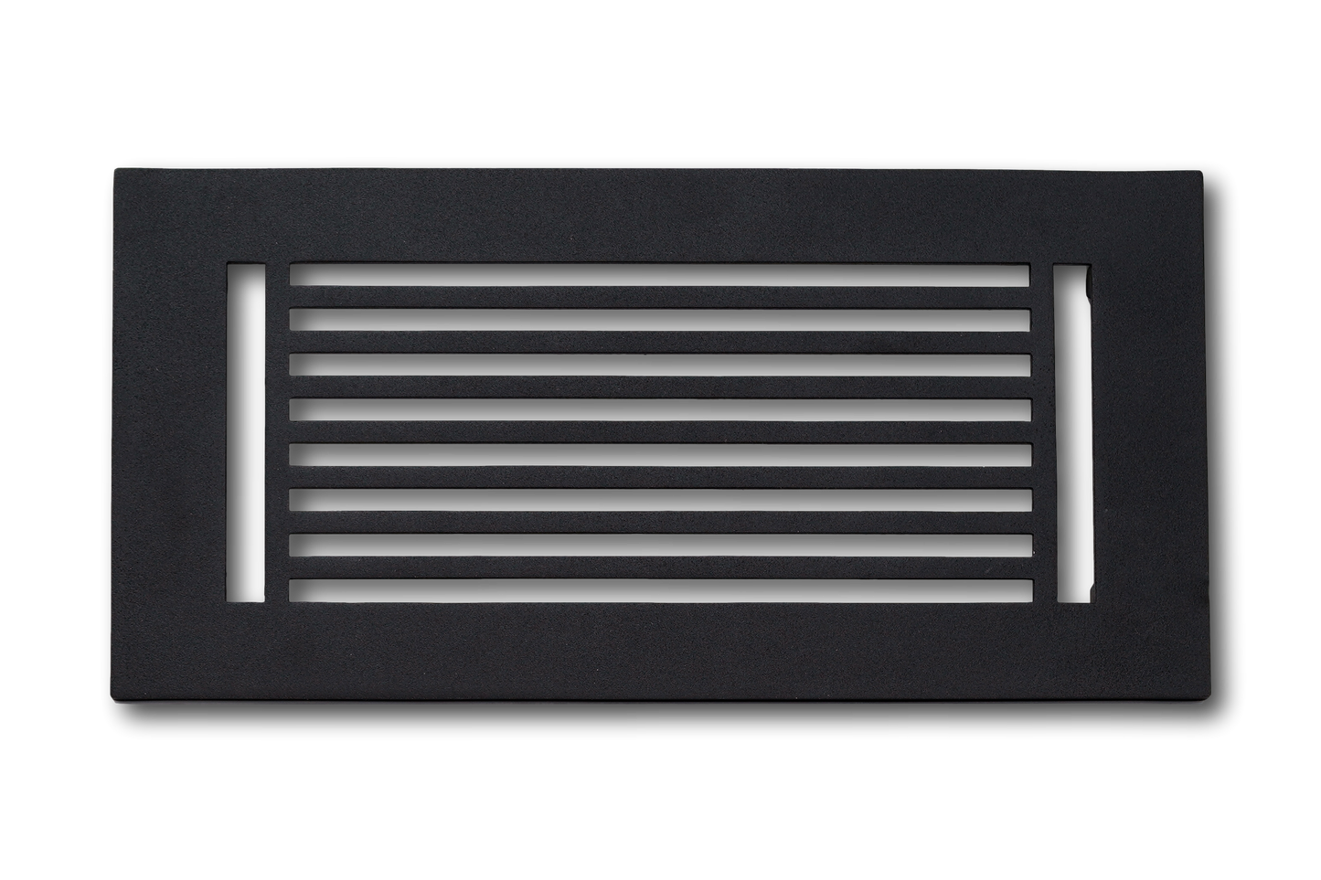 The Madelyn Carter Cast Aluminum Linear Bar Vent Cover in black features seven horizontal slats and is displayed against a white background.