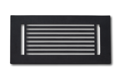 The Madelyn Carter Cast Aluminum Linear Bar Vent Cover in black features seven horizontal slats and is displayed against a white background.