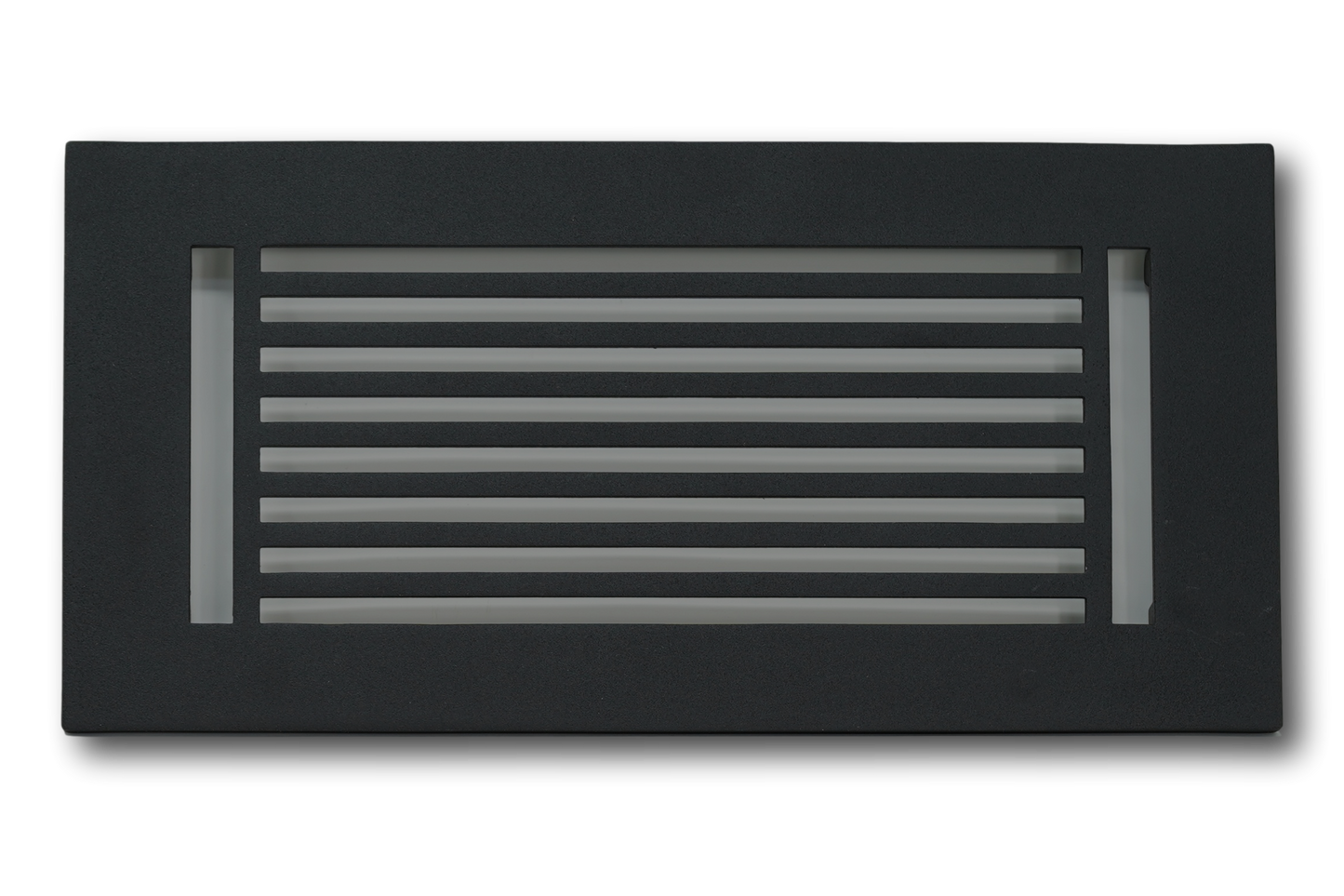 The Madelyn Carter Cast Aluminum Linear Bar Vent Cover in black features horizontal slats and dual vertical side openings, offering a sleek, rust-resistant design that enhances modern interiors.