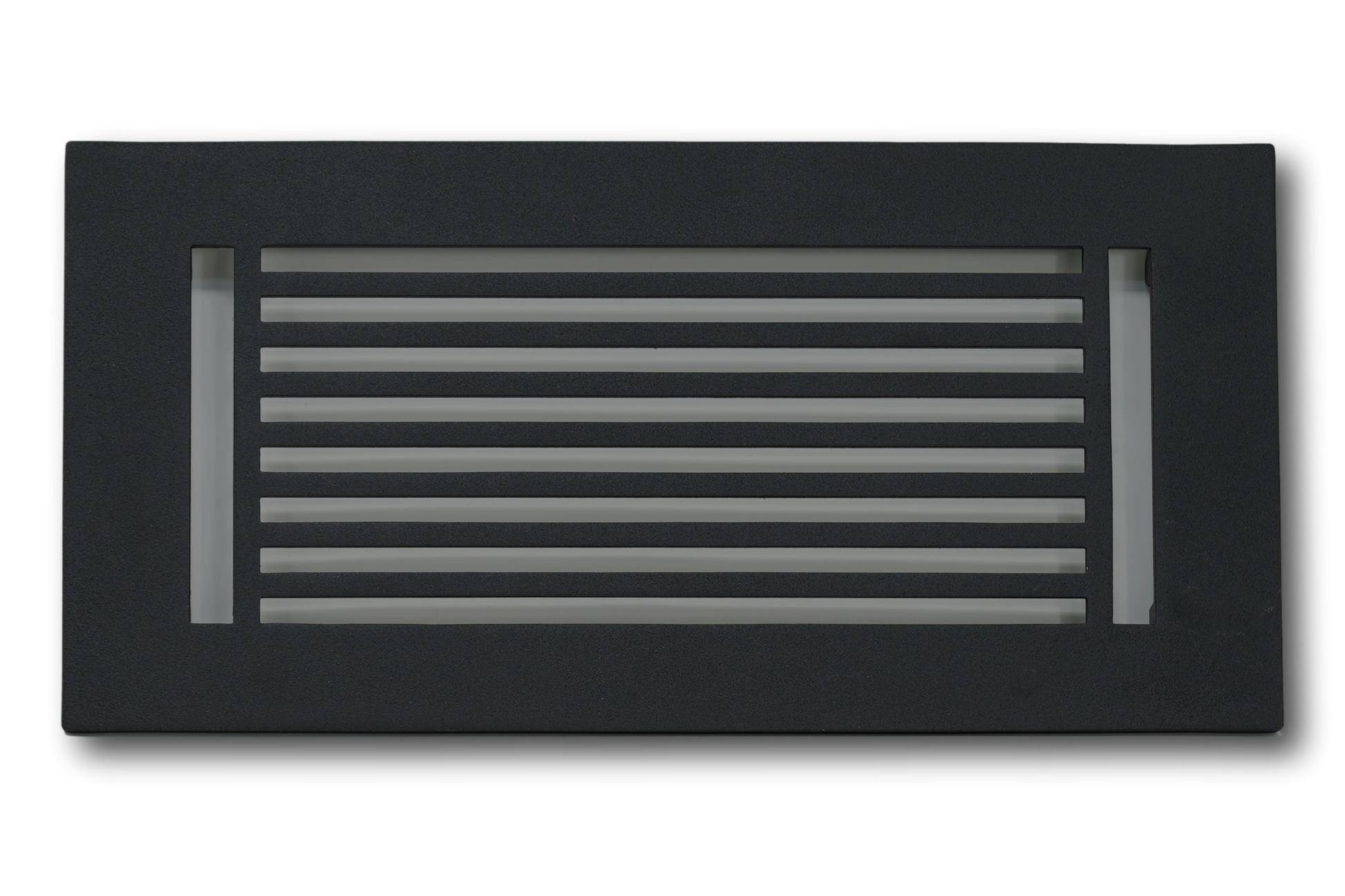 The Madelyn Carter Cast Aluminum Linear Bar Vent Cover in black features horizontal slats and dual vertical side openings, offering a sleek, rust-resistant design that enhances modern interiors.