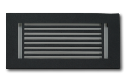 The Madelyn Carter Cast Aluminum Linear Bar Vent Cover in black features horizontal slats and dual vertical side openings, offering a sleek, rust-resistant design that enhances modern interiors.