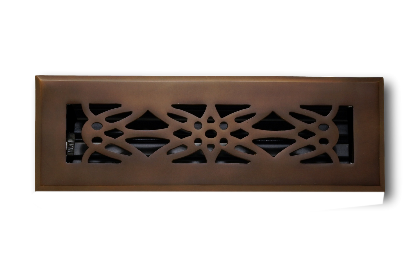 Madelyn Carter Cast Brass Empire Vent Cover in oil rubbed bronze features an ornate, symmetrical cutout design, displayed against a plain white background.