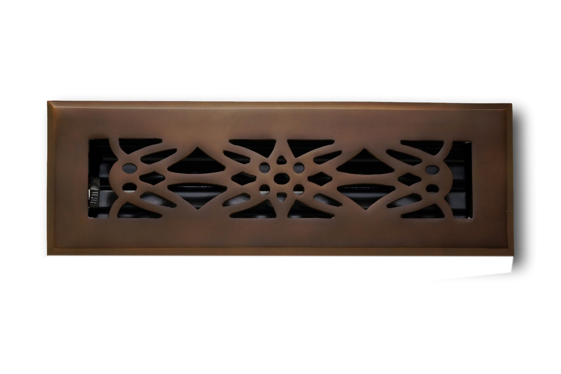 Madelyn Carter Cast Brass Empire Vent Cover in oil rubbed bronze features an ornate, symmetrical cutout design, displayed against a plain white background.