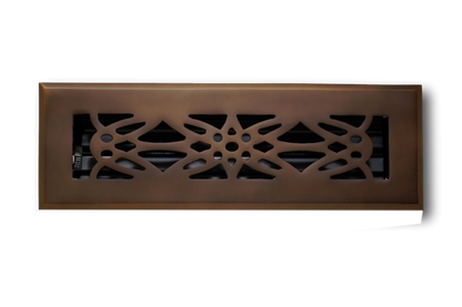 Madelyn Carter Cast Brass Empire Vent Cover in oil rubbed bronze features an ornate, symmetrical cutout design, displayed against a plain white background.