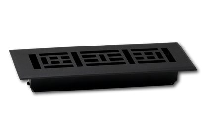 The Madelyn Carter Cast Aluminum Arts & Crafts Vent Cover in black features a geometric cutout design and is displayed against a plain light background.