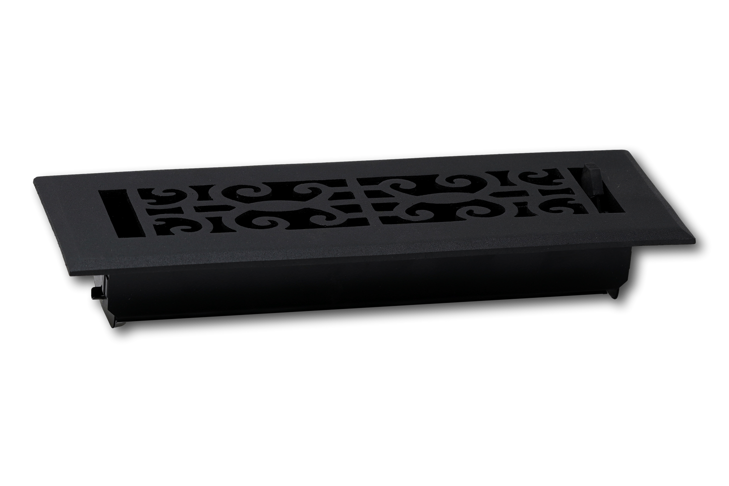 The Madelyn Carter Cast Aluminum Baroque Vent Covers in black feature a rectangular shape with a decorative scroll design and adjustable dampers, making them an elegant and stylish option for any interior space.