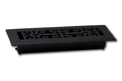 The Madelyn Carter Cast Aluminum Baroque Vent Covers in black feature a rectangular shape with a decorative scroll design and adjustable dampers, making them an elegant and stylish option for any interior space.