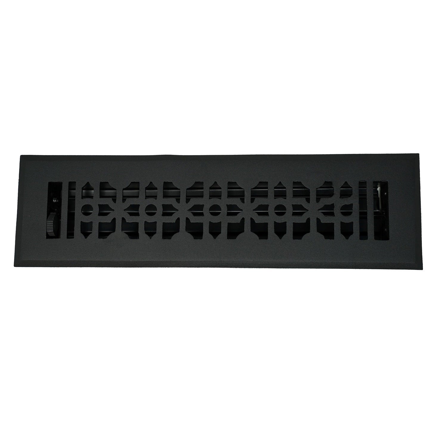 The Madelyn Carter Cast Aluminum Cathedral Vent Cover - Black features a decorative geometric design and adjustable airflow lever, ideal for floors or walls.