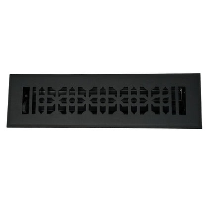 The Madelyn Carter Cast Aluminum Cathedral Vent Cover - Black features a decorative geometric design and adjustable airflow lever, ideal for floors or walls.