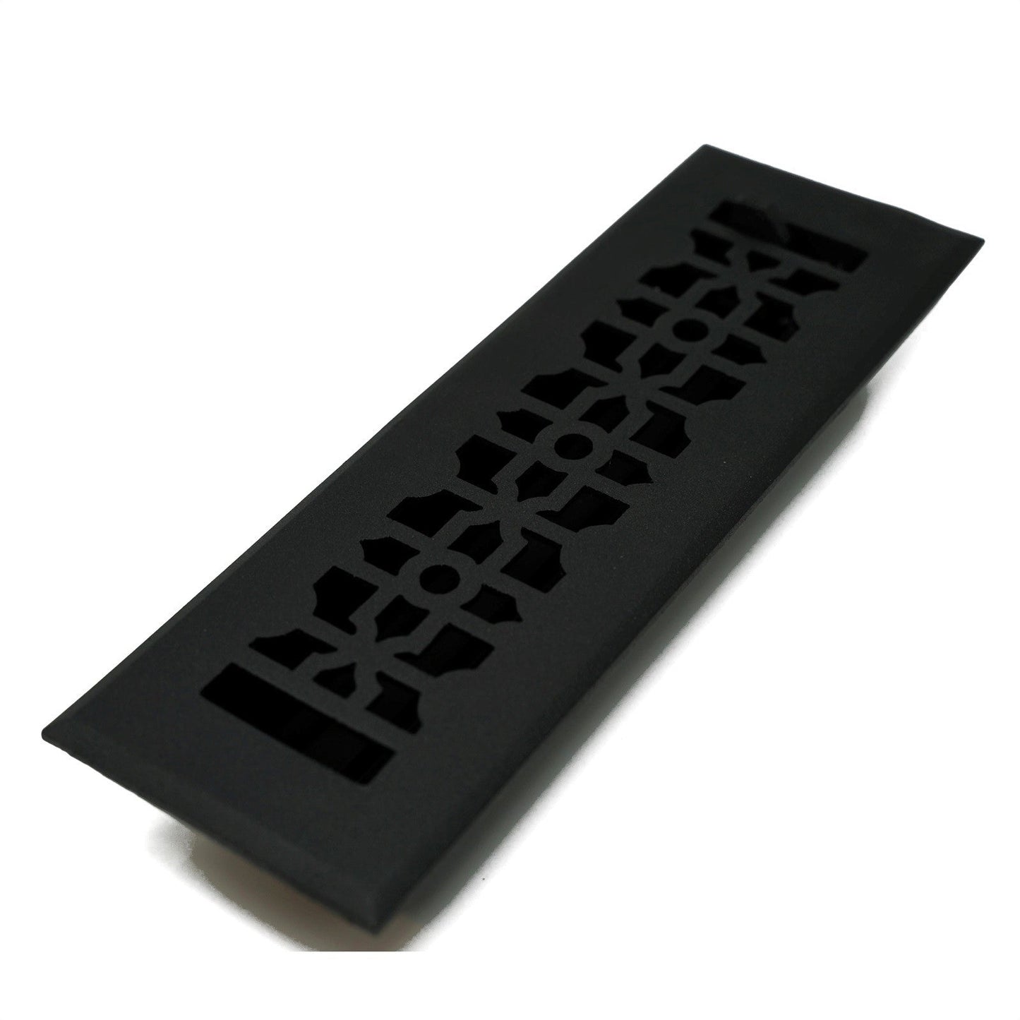 The Madelyn Carter Cast Aluminum Cathedral Vent Cover in Black features a decorative geometric cutout design.