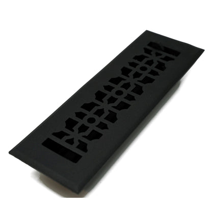 The Madelyn Carter Cast Aluminum Cathedral Vent Cover in Black features a decorative geometric cutout design.