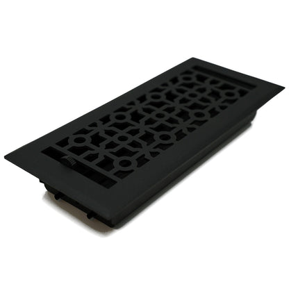 The Madelyn Carter Cast Aluminum Cathedral Vent Cover in black features a geometric lattice design, adding durability and style to any floor. Photographed on a white background.