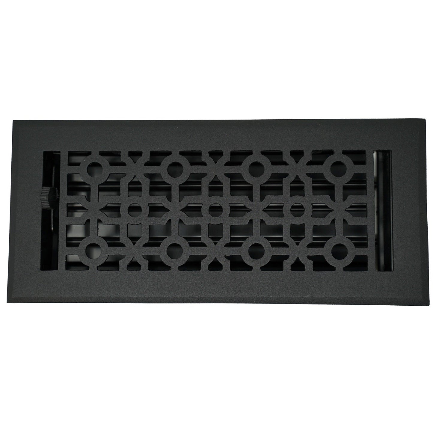 The Madelyn Carter Cast Aluminum Cathedral Vent Cover in black features a geometric pattern and adjustable side lever, combining style and durability for your floors.